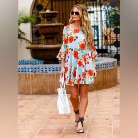 Rifle Paper Paper Crown Anthropologie Floral Blue MIDI Bell sleeve Dress SP - Picture 4 of 16